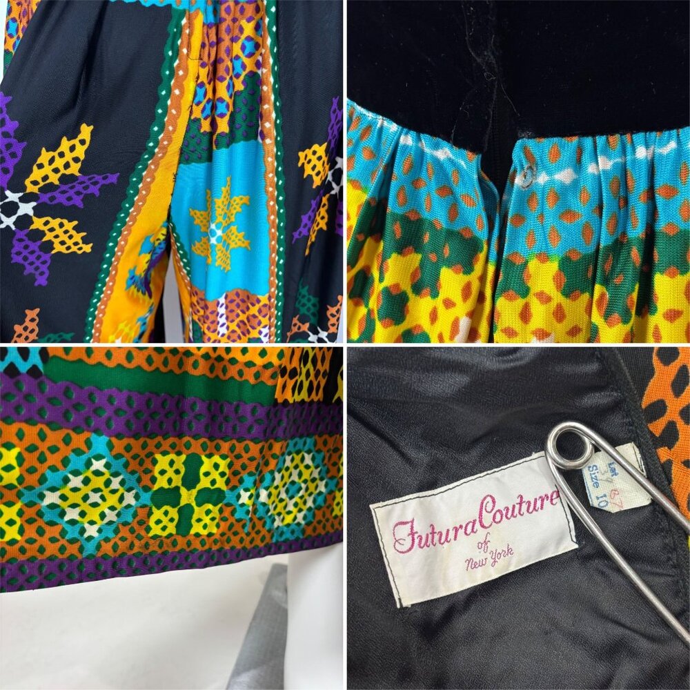 Vintage 60s Jumpsuit Womens XS Multicolored Wide Leg Pants Velvet Hostess Outfit - Picture 10 of 13